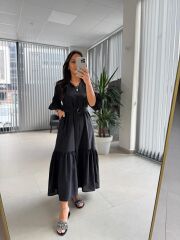 Dr 8406 Tasarım Kol Fırfırlı Siyah Tensel Elbise