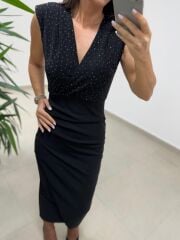 My 3821 Kruvaze Yaka Taşlı Drape Detaylı Kalem Elbise