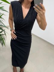 My 3821 Kruvaze Yaka Taşlı Drape Detaylı Kalem Elbise