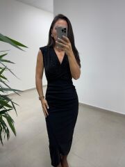 My 3821 Kruvaze Yaka Taşlı Drape Detaylı Kalem Elbise