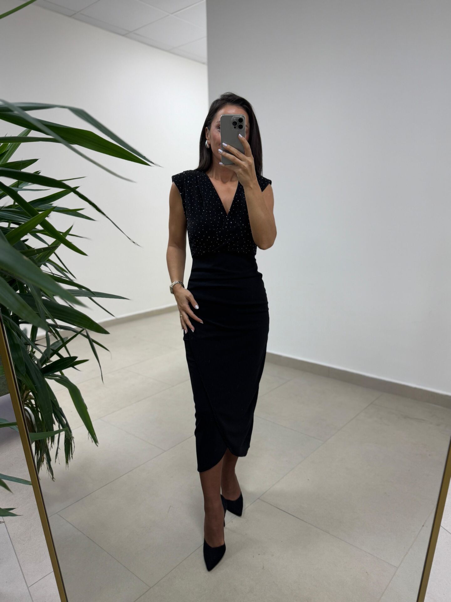 My 3821 Kruvaze Yaka Taşlı Drape Detaylı Kalem Elbise