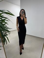 My 3821 Kruvaze Yaka Taşlı Drape Detaylı Kalem Elbise