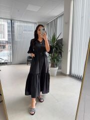 Dr 8406 Tasarım Kol Fırfırlı Siyah Tensel Elbise