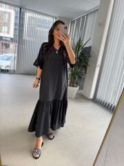 Dr 8406 Tasarım Kol Fırfırlı Siyah Tensel Elbise