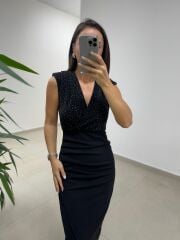 My 3821 Kruvaze Yaka Taşlı Drape Detaylı Kalem Elbise