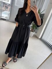 Dr 8406 Tasarım Kol Fırfırlı Siyah Tensel Elbise