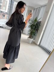 Dr 8406 Tasarım Kol Fırfırlı Siyah Tensel Elbise