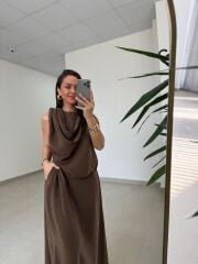 Fp 3419 Şal Yaka Liyosel Kahve Elbise