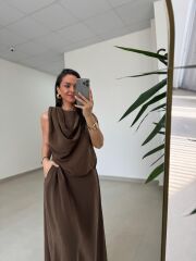 Fp 3419 Şal Yaka Liyosel Kahve Elbise