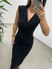 My 3821 Kruvaze Yaka Taşlı Drape Detaylı Kalem Elbise