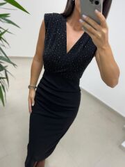 My 3821 Kruvaze Yaka Taşlı Drape Detaylı Kalem Elbise