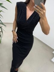 My 3821 Kruvaze Yaka Taşlı Drape Detaylı Kalem Elbise