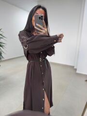 Fp 3382 Kendinden Kemerli Tensel Kahve Gömlek Elbise