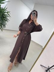 Fp 3382 Kendinden Kemerli Tensel Kahve Gömlek Elbise