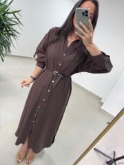 Fp 3382 Kendinden Kemerli Tensel Kahve Gömlek Elbise