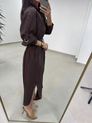 Fp 3382 Kendinden Kemerli Tensel Kahve Gömlek Elbise