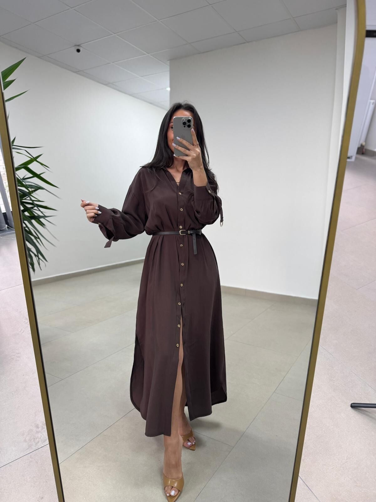 Fp 3382 Kendinden Kemerli Tensel Kahve Gömlek Elbise