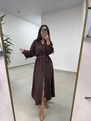 Fp 3382 Kendinden Kemerli Tensel Kahve Gömlek Elbise