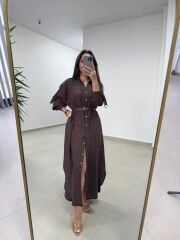 Fp 3382 Kendinden Kemerli Tensel Kahve Gömlek Elbise