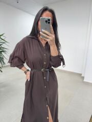 Fp 3382 Kendinden Kemerli Tensel Kahve Gömlek Elbise