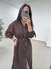 Fp 3382 Kendinden Kemerli Tensel Kahve Gömlek Elbise