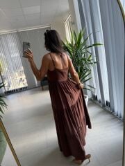 Cr 1579 Çikolata Kahve Askılı Maksiboy Pamuk Viskon Elbise