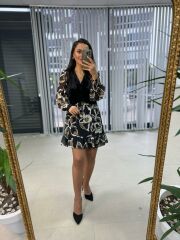 Kadife Yelekli Vizon Geçişli Elbise