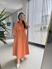 Dr 8258 Tasarım Bel Büzgülü Kiremit Elbise