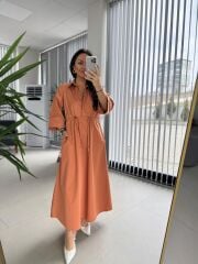 Dr 8258 Tasarım Bel Büzgülü Kiremit Elbise