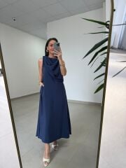 Fp 3419 Şal Yaka Liyosel Lacivert Elbise