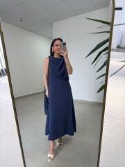 Fp 3419 Şal Yaka Liyosel Lacivert Elbise