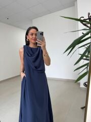 Fp 3419 Şal Yaka Liyosel Lacivert Elbise