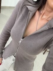 Po 2653 Çift Fermuarlı Polo Yaka Vizon Triko
