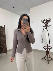 Po 2653 Çift Fermuarlı Polo Yaka Vizon Triko