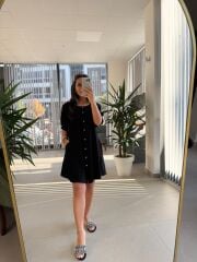 Bb 30089 Siyah Balon Kol Düğmeli Pamuk Keten Elbise