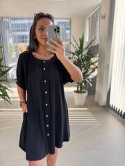 Bb 30089 Siyah Balon Kol Düğmeli Pamuk Keten Elbise