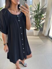 Bb 30089 Siyah Balon Kol Düğmeli Pamuk Keten Elbise
