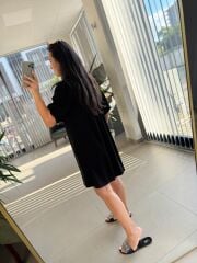 Bb 30089 Siyah Balon Kol Düğmeli Pamuk Keten Elbise