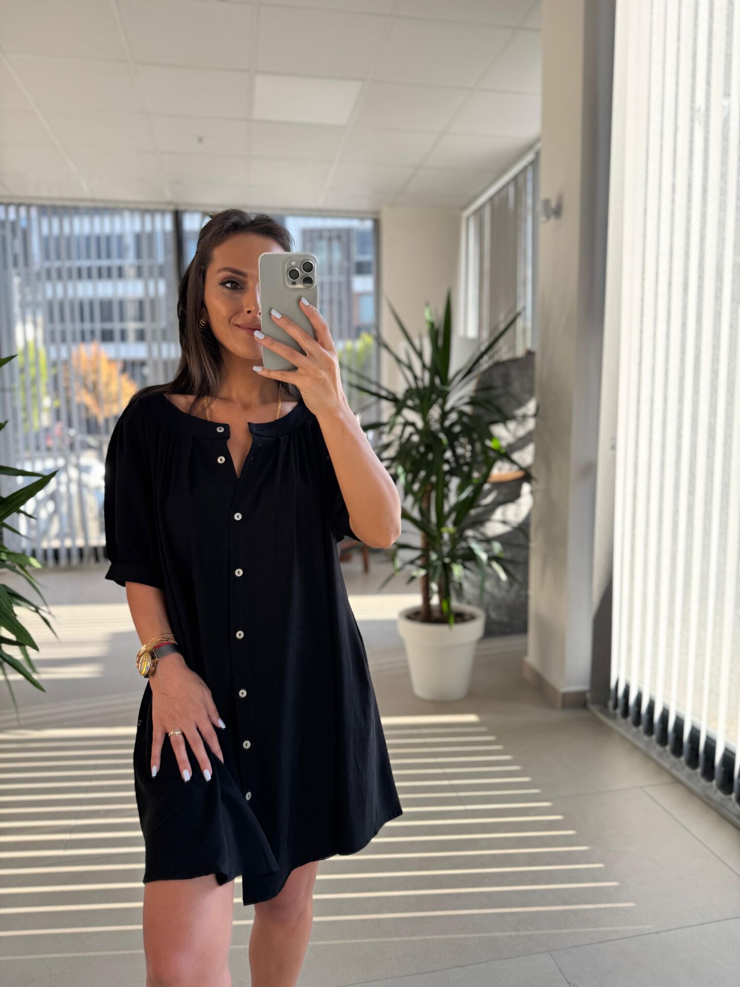 Bb 30089 Siyah Balon Kol Düğmeli Pamuk Keten Elbise