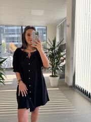 Bb 30089 Siyah Balon Kol Düğmeli Pamuk Keten Elbise