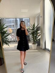 Bb 30089 Siyah Balon Kol Düğmeli Pamuk Keten Elbise