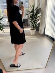 Bb 30089 Siyah Balon Kol Düğmeli Pamuk Keten Elbise