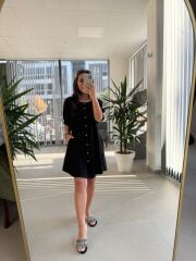 Bb 30089 Siyah Balon Kol Düğmeli Pamuk Keten Elbise