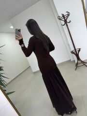 Kr 98426 Eteği Şifon Detaylı Triko A. Kahve Elbise