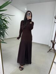Kr 98426 Eteği Şifon Detaylı Triko A. Kahve Elbise
