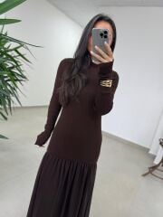 Kr 98426 Eteği Şifon Detaylı Triko A. Kahve Elbise