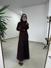 Kr 98426 Eteği Şifon Detaylı Triko A. Kahve Elbise