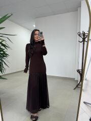 Kr 98426 Eteği Şifon Detaylı Triko A. Kahve Elbise