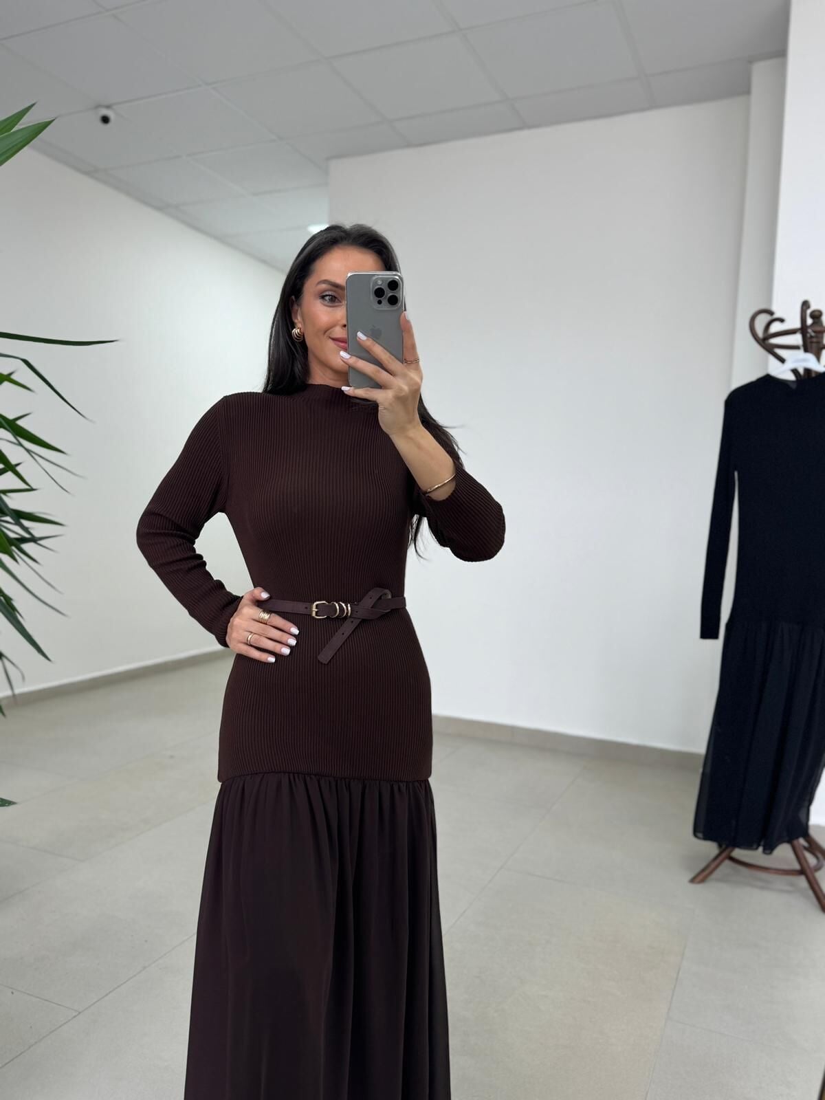 Kr 98426 Eteği Şifon Detaylı Triko A. Kahve Elbise