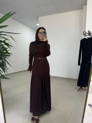 Kn 98426 Eteği Şifon Detaylı Triko A. Kahve Elbise